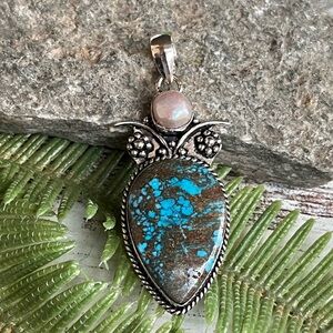 Natural Turquoise & Pearl Silver Gemstone 2.5” Pendant